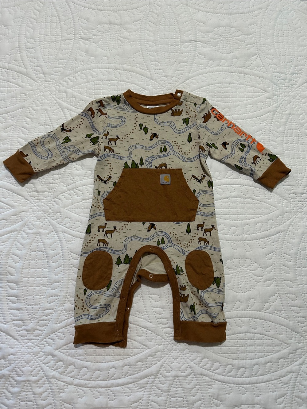 Carhartt Cream and Brown Woodland Print Baby One-Piece Bodysuit Sz: 3M